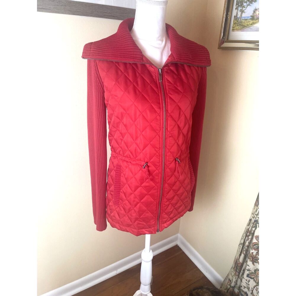 Red Quilted Knit Jacket M Zip Front Lightweight Fall Minimalist Classic NWT - Picture 13 of 15